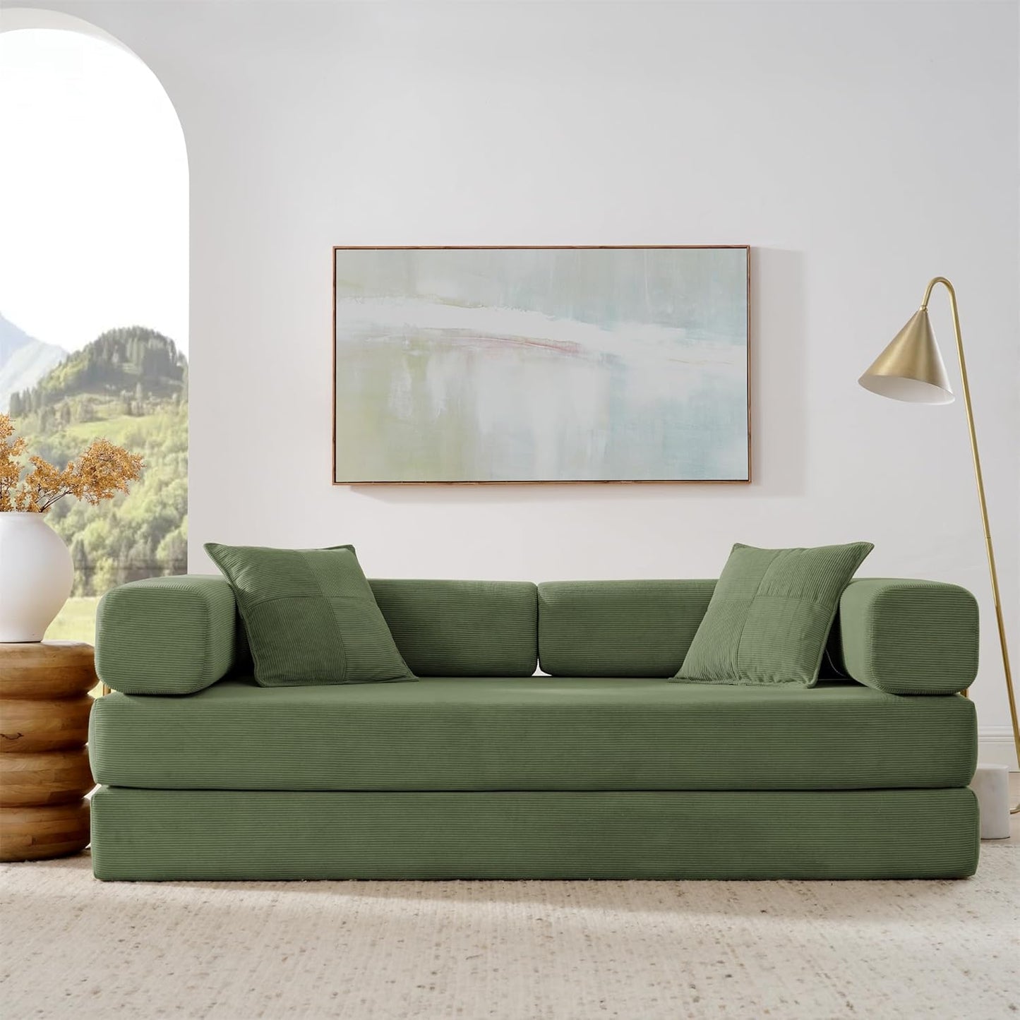 4-in-1 Folding Convertible Sofa Bed, 78 Inch Oversized Corduroy Upholstered Boneless Couch, Loveseat Sleeper with Pull Out Bed, Floor Sofa Modular Futon Couch for Living Room Bedroom Lounge, Green