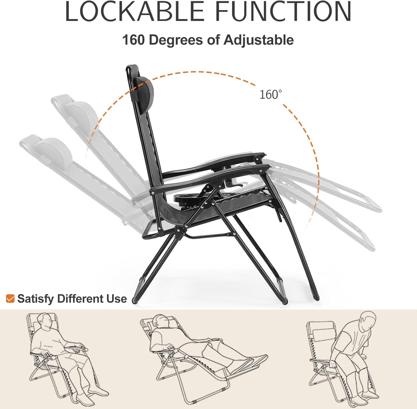 Sweetcrispy Zero Gravity Chairs, Set of 2 Portable Recliner Beach Camping Patio Outdoor Folding Lounge Chair with Cup Holder Trays and Adjustable Pillow for Poolside, Garden, Backyard, Lawn (Black)