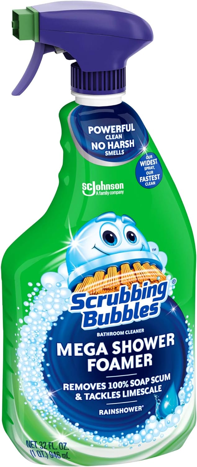 Scrubbing Bubbles Mega Bathroom and Shower Cleaner Spray, Foaming Action Removes Limescale and Soap Scum, Rainshower Scent, 32oz