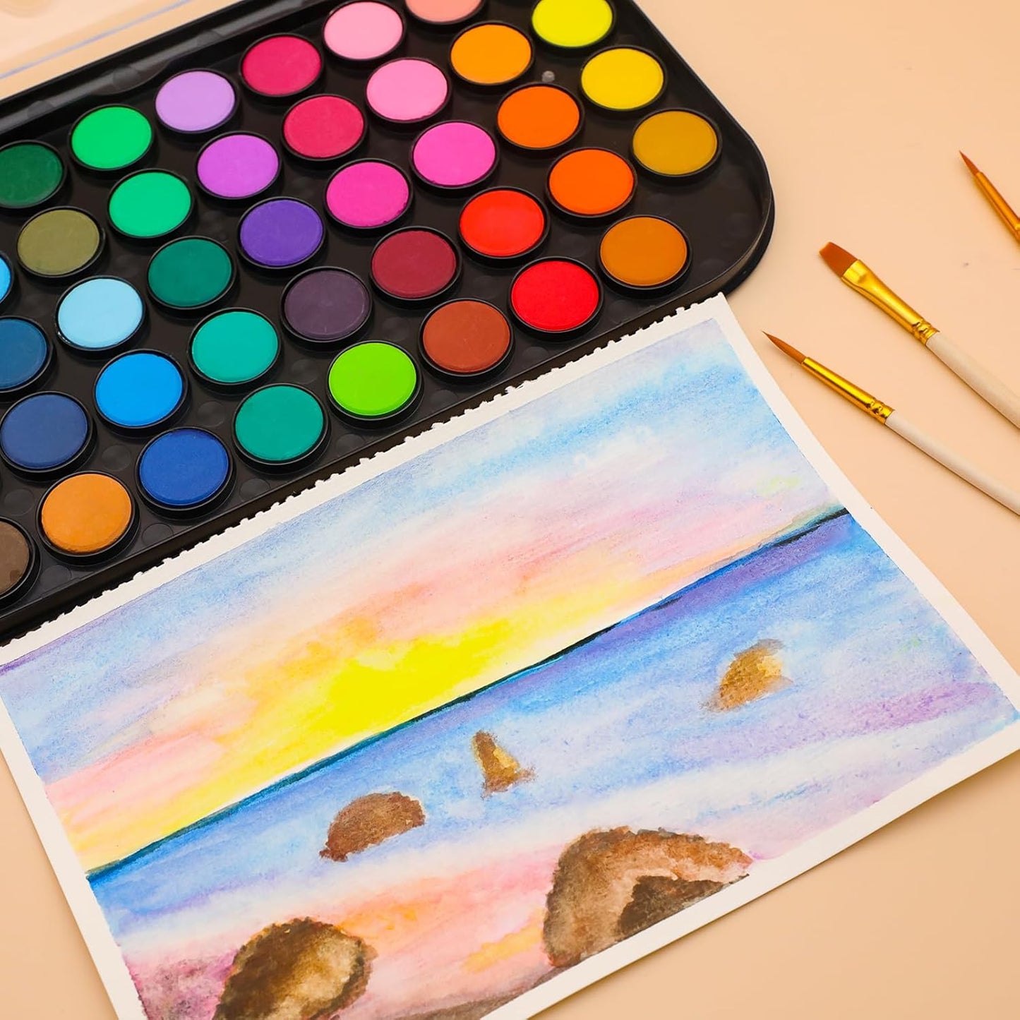 Artecho 48 Colors Watercolor Cake Set with 3 Brushes, Washable, Travel Design, Perfect for Card Making, Illustrations, Painting, Calligraphy