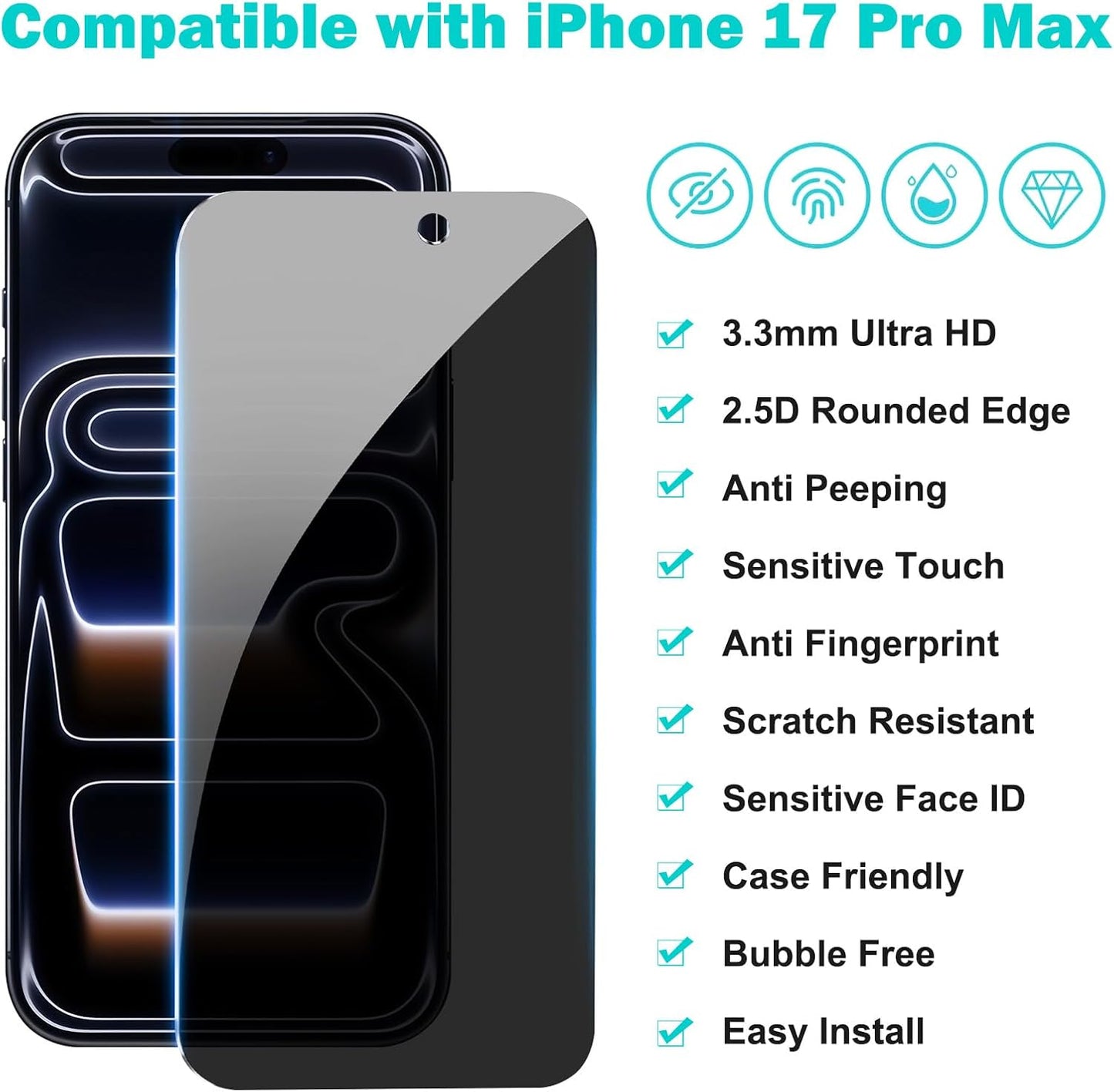PEHAEL 3+3Pack for iPhone 17 Pro Max Privacy Screen Protector with Camera Lens Protector Full Coverage Anti-Spy Tempered Glass Film 9H Hardness Easy Installation Bubble Free [6.9 inch]