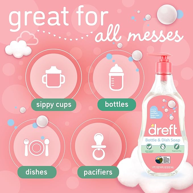 DREFT Bottle and Dish Soap | Made to Clean Baby Bottles, Sippy Cups, Pacifiers, Breast Pumps, & More | Gently Removes Milk Film & Odors | Plant Based, Fragrance Free Dish Soap | 18 Fl Oz (Pack of 3)