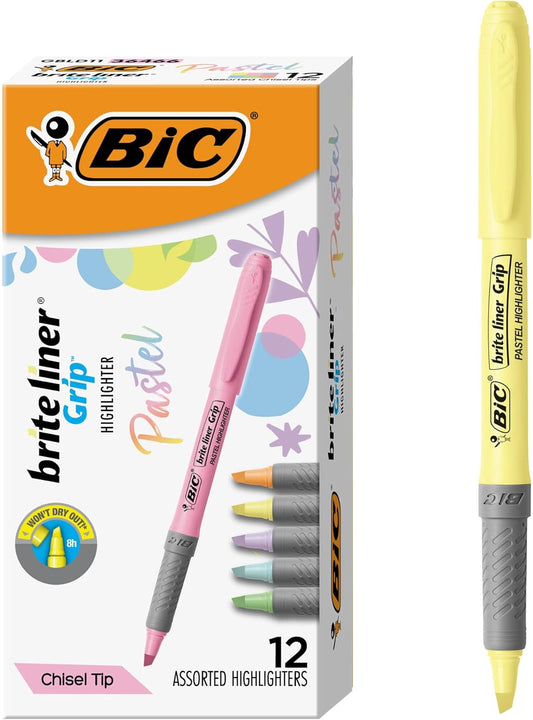 BIC Brite Liner Grip Pastel Highlighter Set, Chisel Tip for Fine and Broad Lines, 12-Count Pack in Assorted Colors