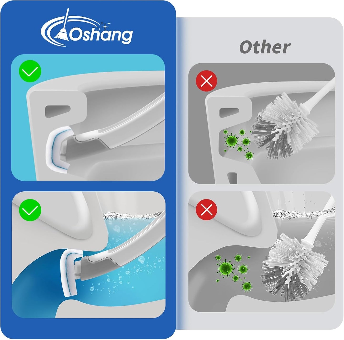oshang Disposable Toilet Brush - Toilet Bowl Cleaner, Toilet Cleaning Supplies, Toilet Brush with Holder, 14 Refills for Deep Cleaning and Hygienic Bathroom Maintenance