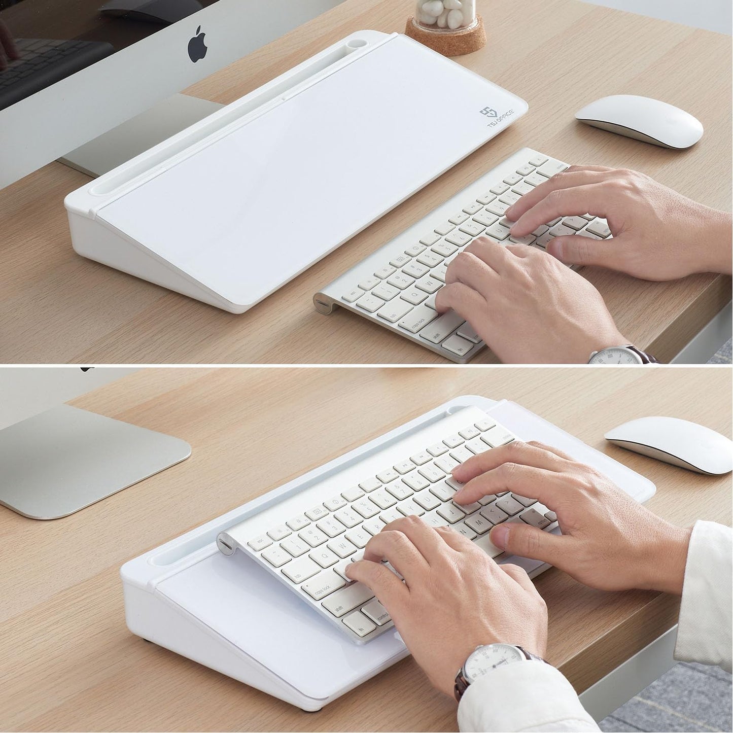 TSJ OFFICE Small Desktop Whiteboard -Glass Dry Erase Board Computer Keyboard Stand White Board Surface Pad with Drawer, Desk Organizers with Accessories for Office, Home, School Supplies