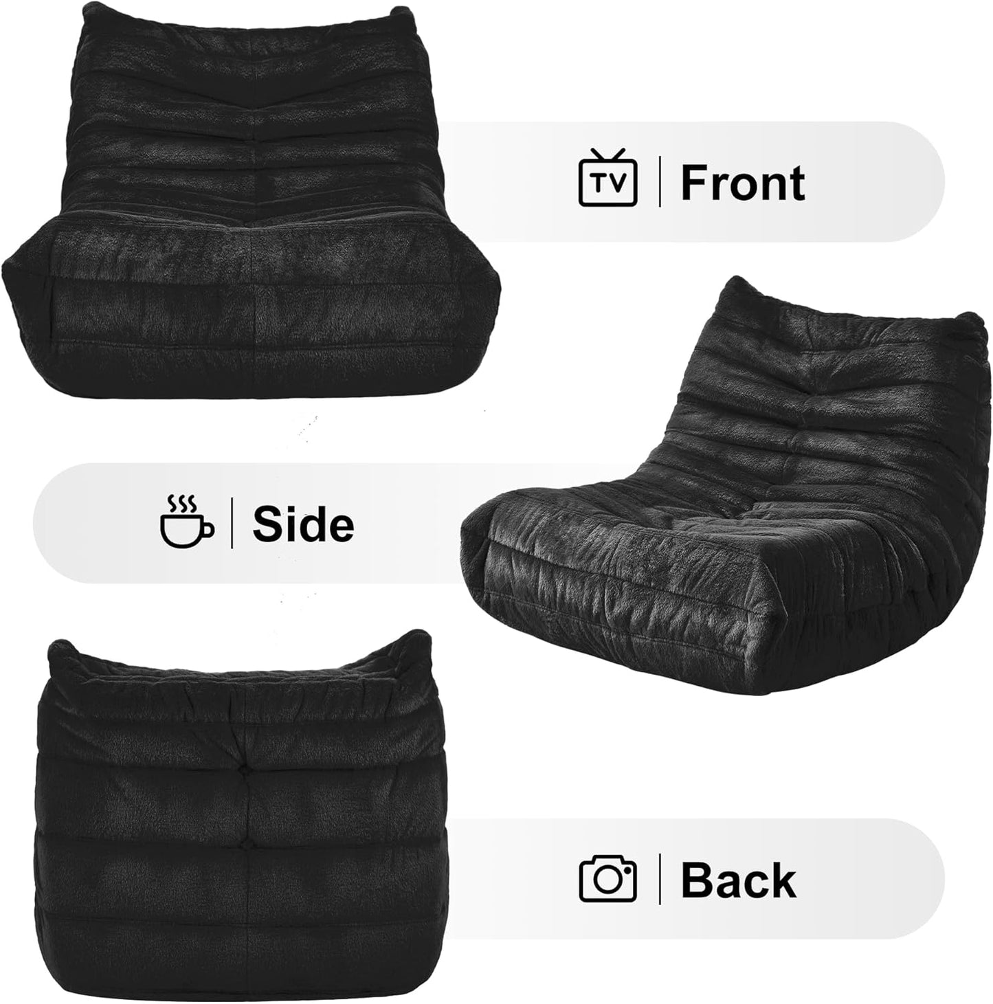 Bean Bag Chairs for Adults Giant Bean Bag Chair Memory Foam BeanBag Chair Big Bean Bag Sofa with Filler Faux Fur Fireside Beanbags Lazy Sofa for Living Room Bedroom Dorm Office (Black Plush)