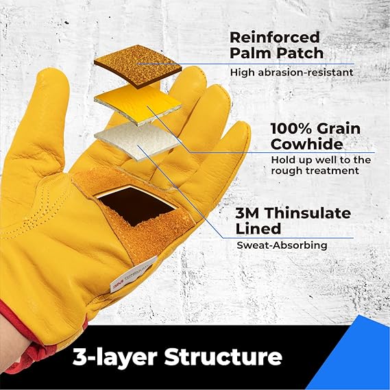 toolant Winter Leather Work Gloves, Warm 3M Thinsulate Lining for Cold Weather Work, Thermal Insulated Gloves