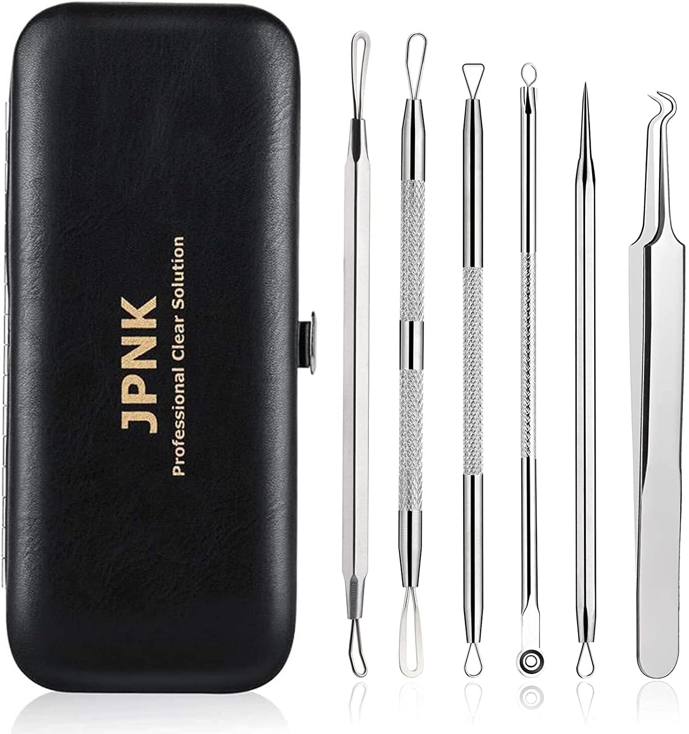 JPNK Blackhead Remover Tool Comedones Extractor Acne Removal Kit for Blemish, Whitehead Popping, 6 Pcs Zit Removing for Nose Face Tools with a Leather Bag