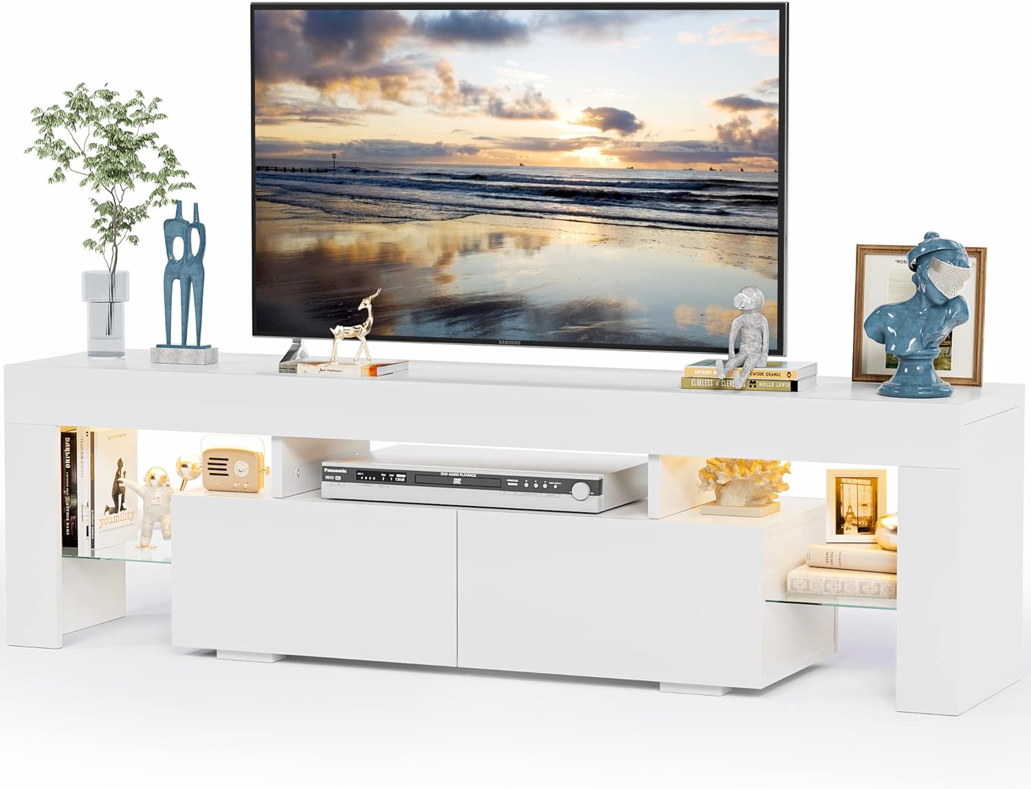 JUMMICO TV Stand with LED Lights, Modern Entertainment Center Media and Open Shelf Console Table Storage Desk with 1 Drawer and Remote Control 20 Color LED Lights up to 70 Inch TV (White)