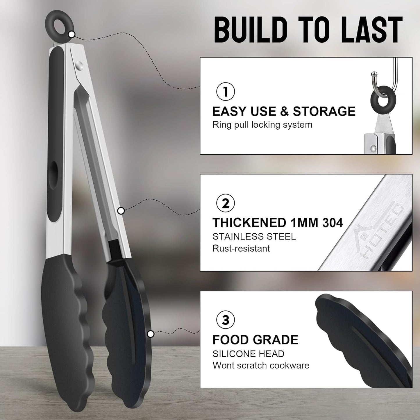 HOTEC Premium Stainless Steel Locking Kitchen Tongs with Silicon Tips, Set of 2-9" and 12"