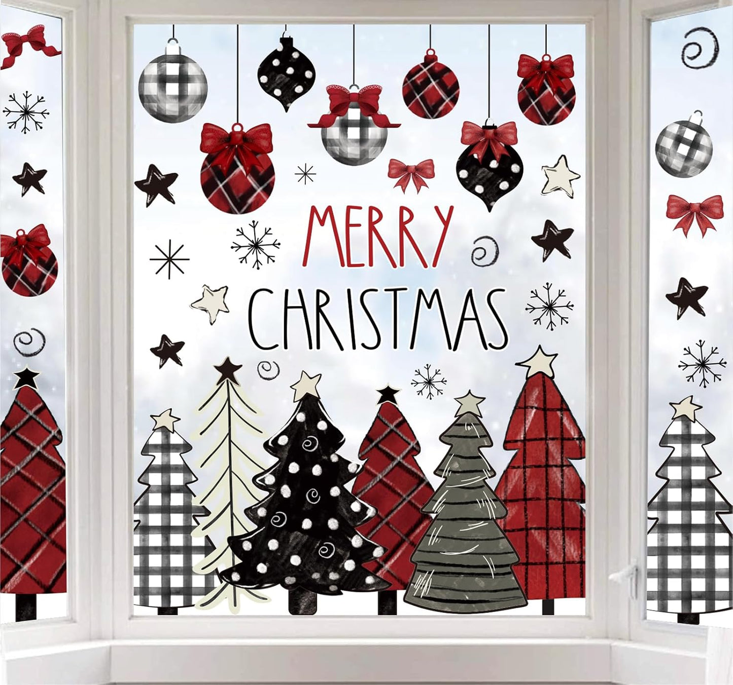 Whaline Merry Christmas Window Clings Red Black Xmas Tree Ball Snowflake Window Stickers Double-Side Plaid Glass Decals for Home Party Supplies, 7.9 x 11.8 Inch, 9 Sheets