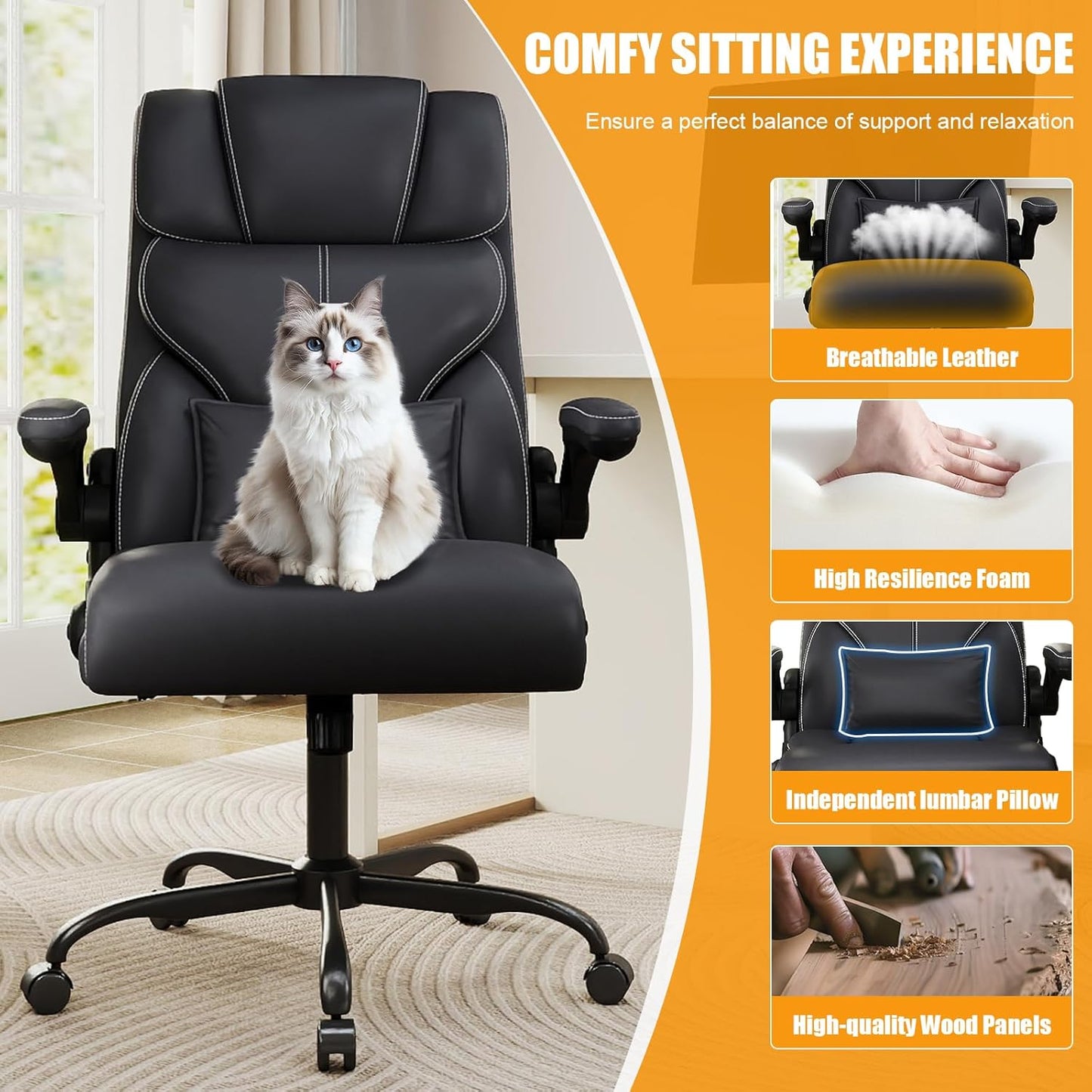 Executive Office Chair with Flip-up Armrests,Ergonomic Computer Desk Chairs,Big and Tall Leather Office Chair 400LBS,Lumbar Support Swivel PC Chair with Rocking Function