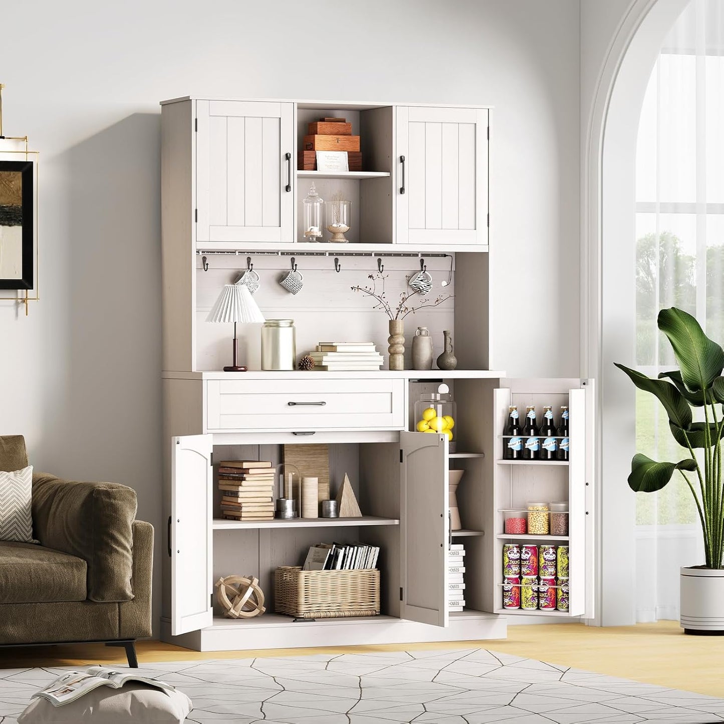 ONBRILL 71" Pantry Cabinet, Kitchen Pantry Storage Cabinet with LED Light & Outlet, Kitchen Hutch with Microwave Shelf & 6 Hooks, Door Shelves & Drawer & Adjustable Shelves, for Dining Room