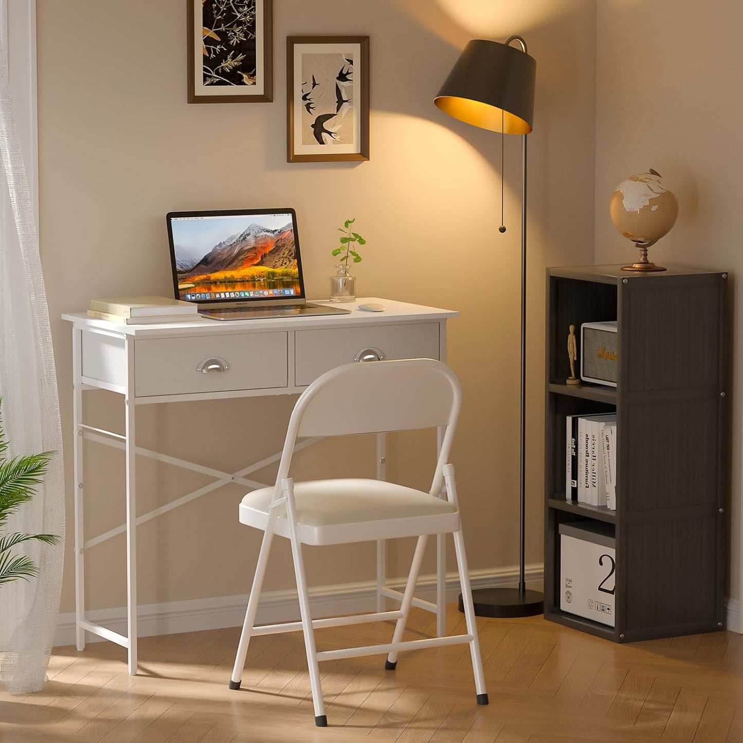 Small Writing Desk for Kids Bedroom, 31.5 Inch White Computer Desk for Small Spaces, Simple Desk with 2 Fabric Drawers for Home Office, Dorm, Living Room, Home Study Table, White