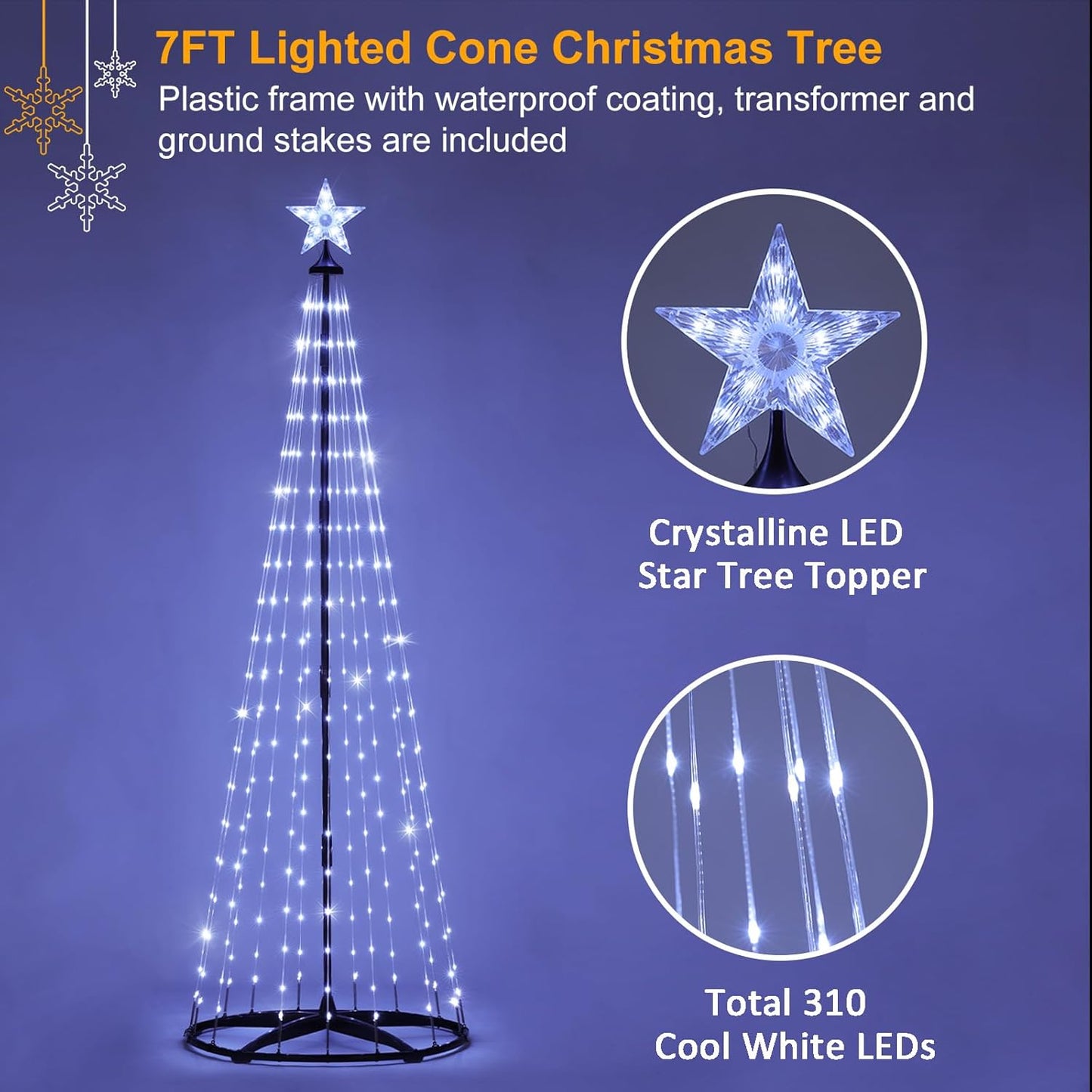 Christmas Outdoor Lighted Trees 7FT Prelit Christmas Cone Tree with 310 LEDs 8 Lighting Modes and Timer for Indoor Outdoor Xmas Porch Lawn