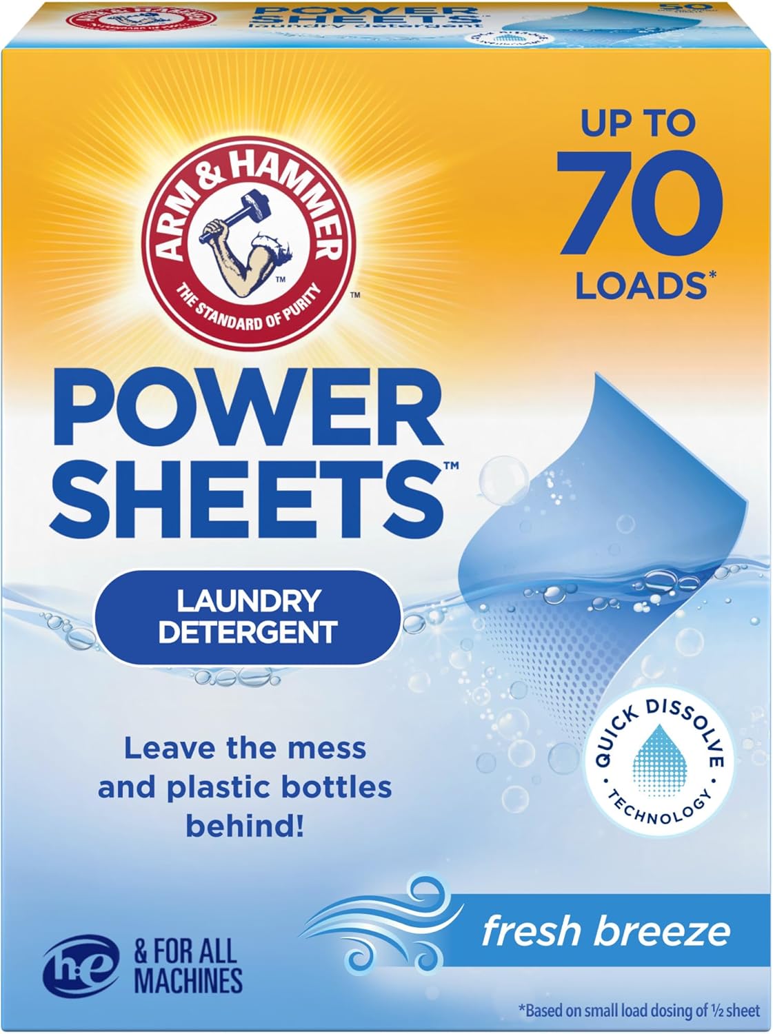 ARM & HAMMER Power Sheets Laundry Detergent, Fresh Breeze Scent, No Mess, Lightweight and Travel-Friendly, 35 Count, Up to 70 Small Loads