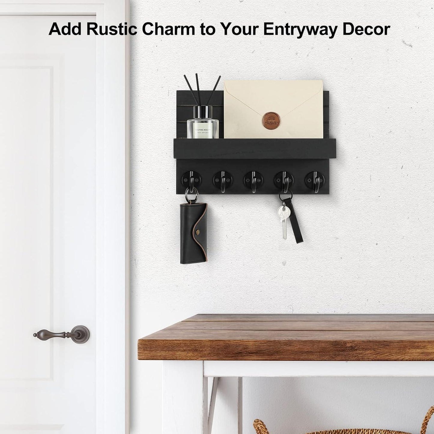 Wall Key Holder with Shelf, Hooks for Bags & Coats, Paulownia Wood, 9.8 x 6.7 x 4.2 - Cart Shape