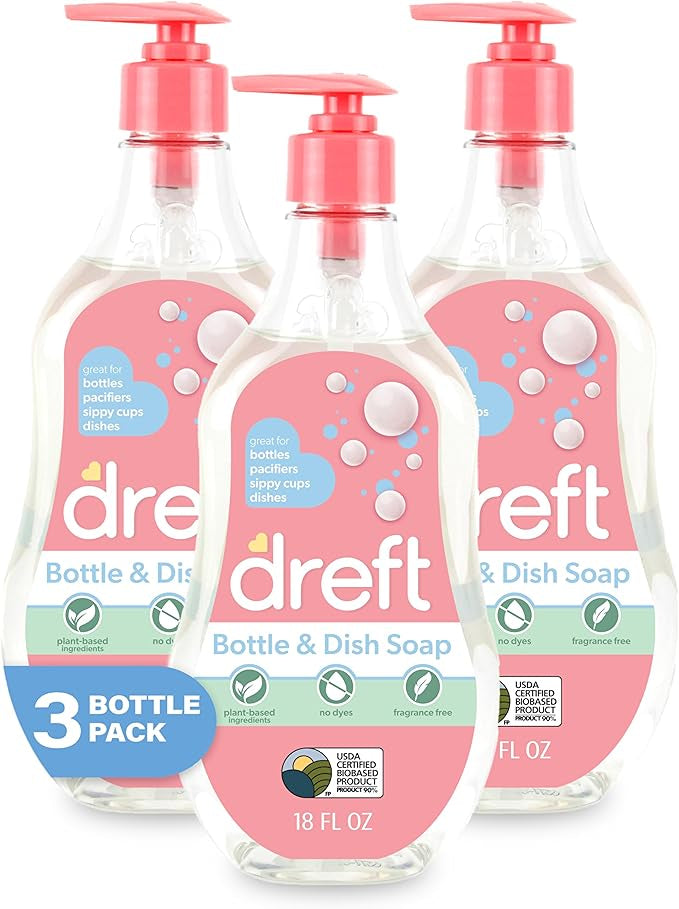 DREFT Bottle and Dish Soap | Made to Clean Baby Bottles, Sippy Cups, Pacifiers, Breast Pumps, & More | Gently Removes Milk Film & Odors | Plant Based, Fragrance Free Dish Soap | 18 Fl Oz (Pack of 3)