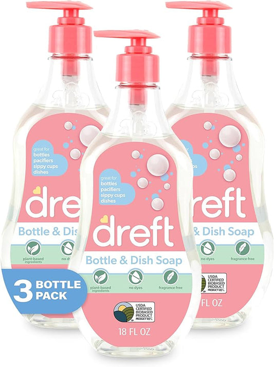 DREFT Bottle and Dish Soap | Made to Clean Baby Bottles, Sippy Cups, Pacifiers, Breast Pumps, & More | Gently Removes Milk Film & Odors | Plant Based, Fragrance Free Dish Soap | 18 Fl Oz (Pack of 3)