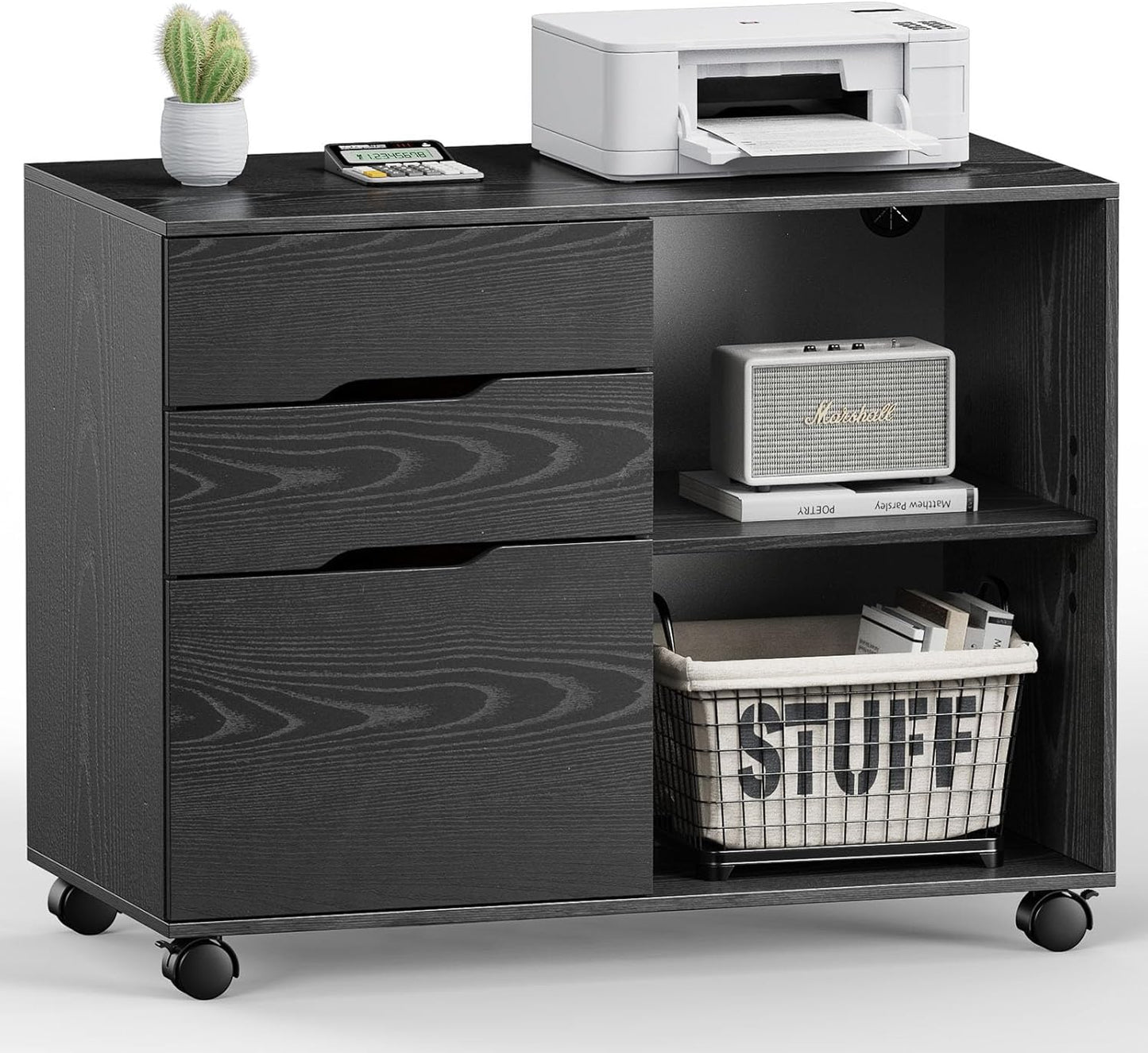 DUMOS Lateral File Cabinet with 3 Drawers Rolling Filing Cabinets Under Desk Storage Printer Stand Wood Organizer with Wheels Adjustable Shelf for Office Home Small Space, Black