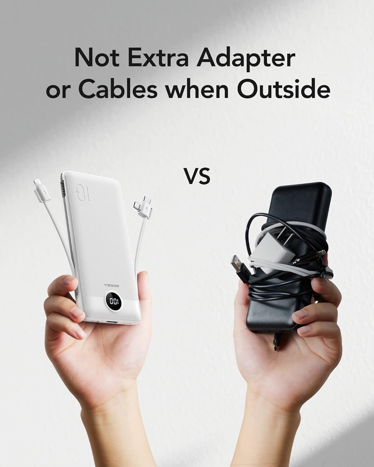 VEGER Portable Charger for iPhone Built in Cables and Wall Plug, 10000mah Slim Fast Charging USB C Power Bank, Travel Essential Battery Pack Compatible with iPhones, iPad, Samsung More Devices(White)