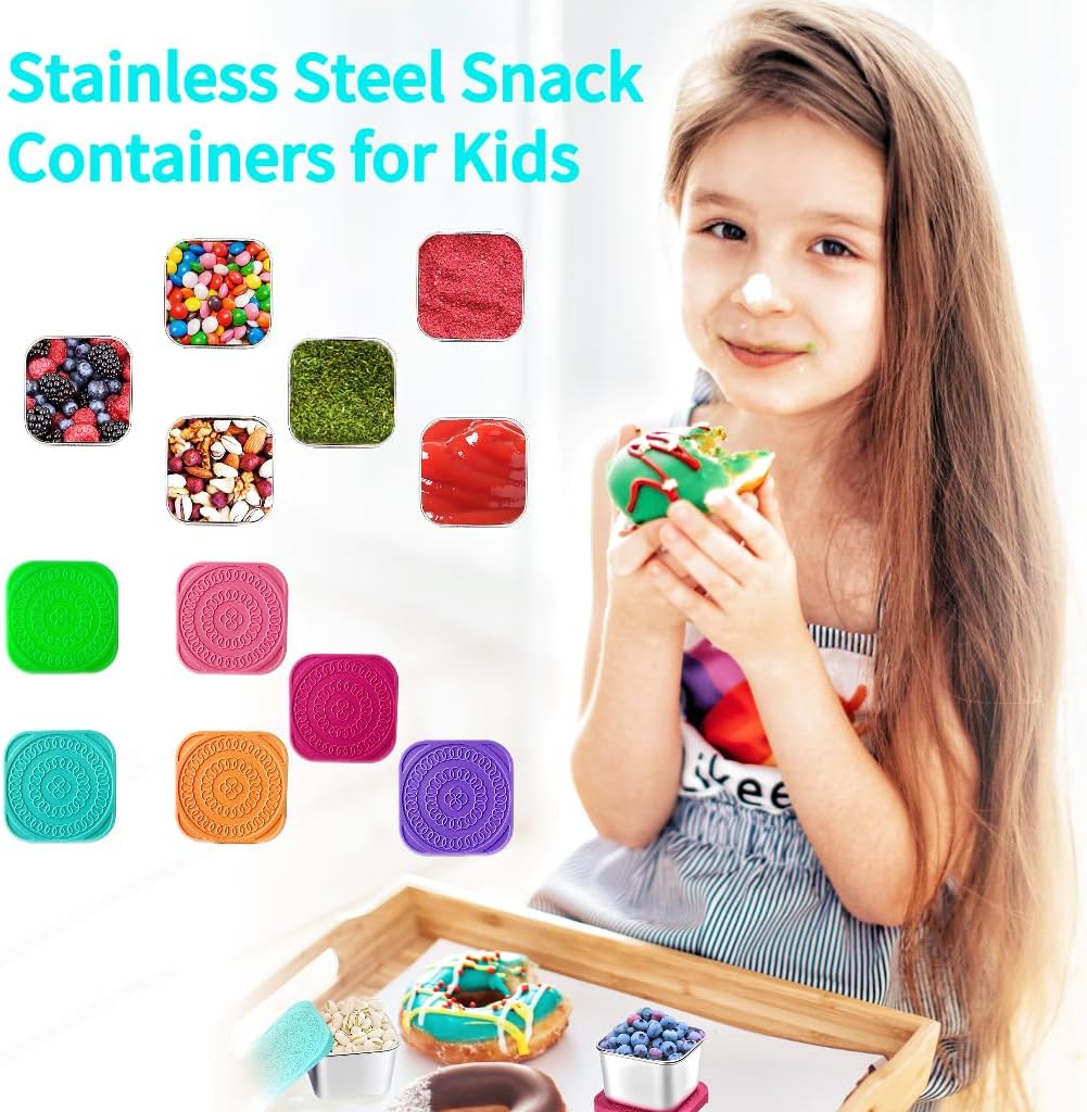 6Pack 6oz Stainless Steel Snack Containers for Kids, Easy Open Leak Proof Metal Toddler Snack Containers with Silicone Lids, Stackable Metal Toddler Lunch Box for Daycare, School and Travel