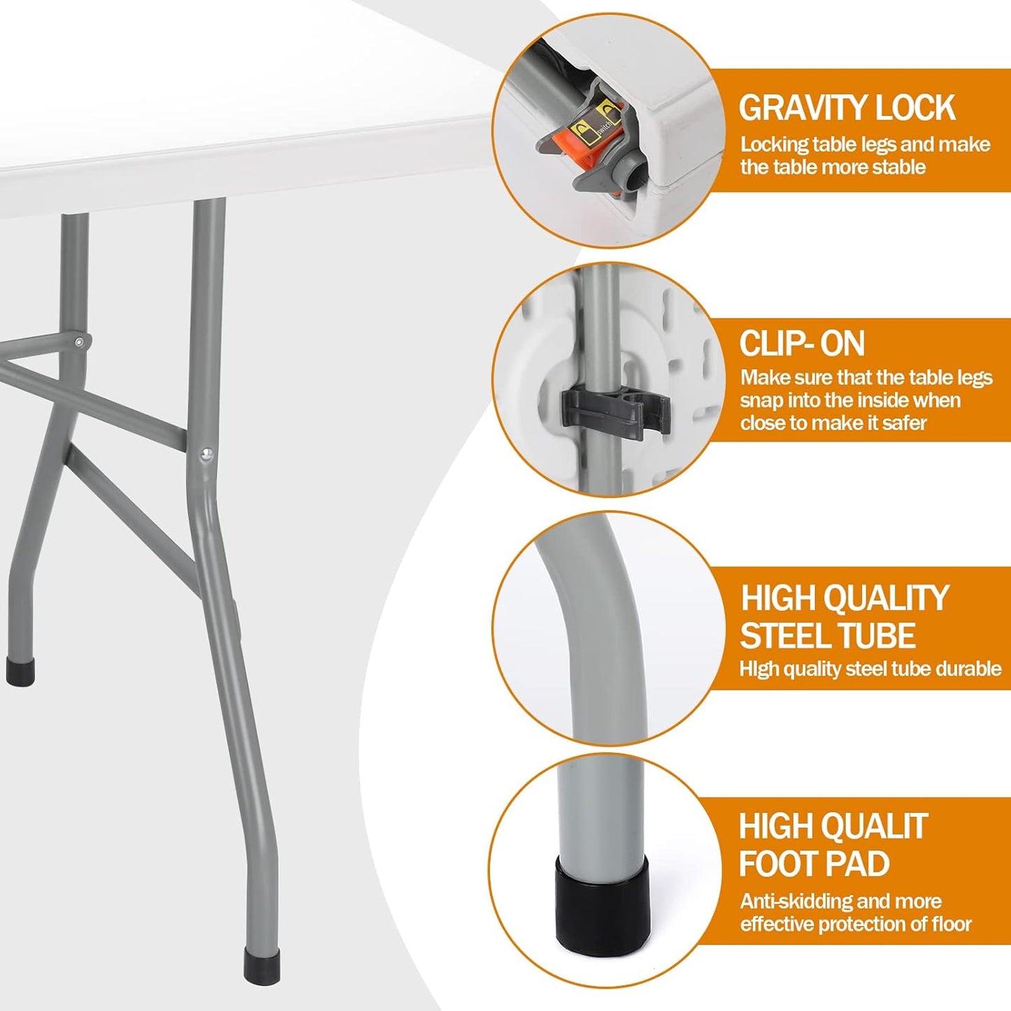 6ft Folding Table - Heavy Duty Portable Table for Parties, Camping & BBQs, Folds in Half for Easy Storage, No Assembly Required, White