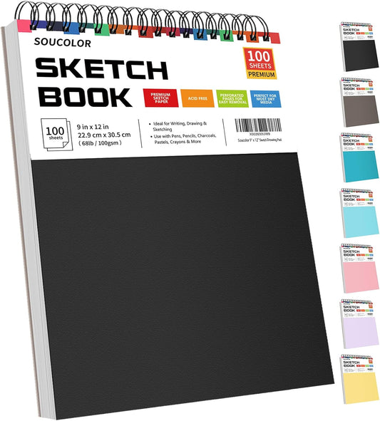 Soucolor Sketch Book, Spiral Bound Acid-Free Sketchbook with 68lb/100gsm for Paper Painting, Drawing, Writing, Artist Sketching Pad for Kids, Adults & Teens, 100 Sheets (Black, 9 x 12 Inch, Pack of 1)