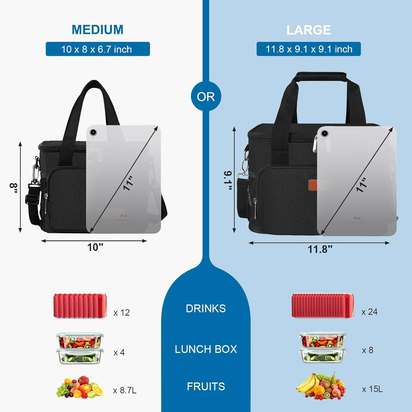 Femuar Reusable Lunch Box for Men/Women - Insulated Lunch Bag Leakproof Lunchbox for Work Office Picnic Beach - Freezable Lunch Cooler Bag with Adjustable Shoulder Strap - Black