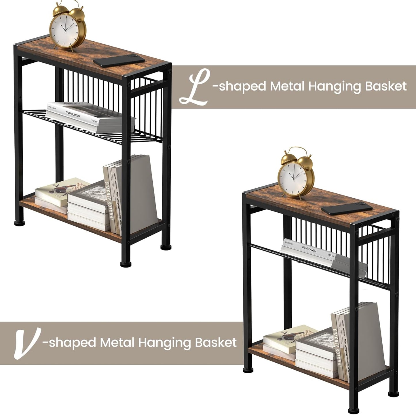 Small Side Table for Small Space, 3-Tier Narrow End Table with Magazine Holder,Slim Nightstand, Skinny Snack Couch Table in Living Room, Bedroom Study and Balcony (Rustic Brown &Black)