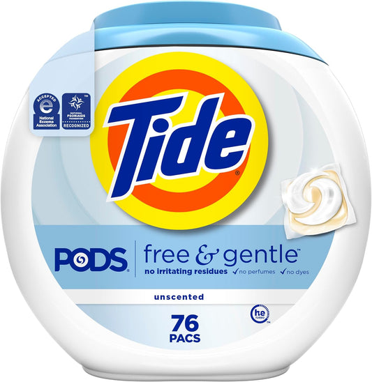 Tide PODS Free & Gentle Laundry Detergent Soap Pacs, HE Compatible, Unscented, Gentle on Skin, 76 Count, Tide PODS Laundry Detergent
