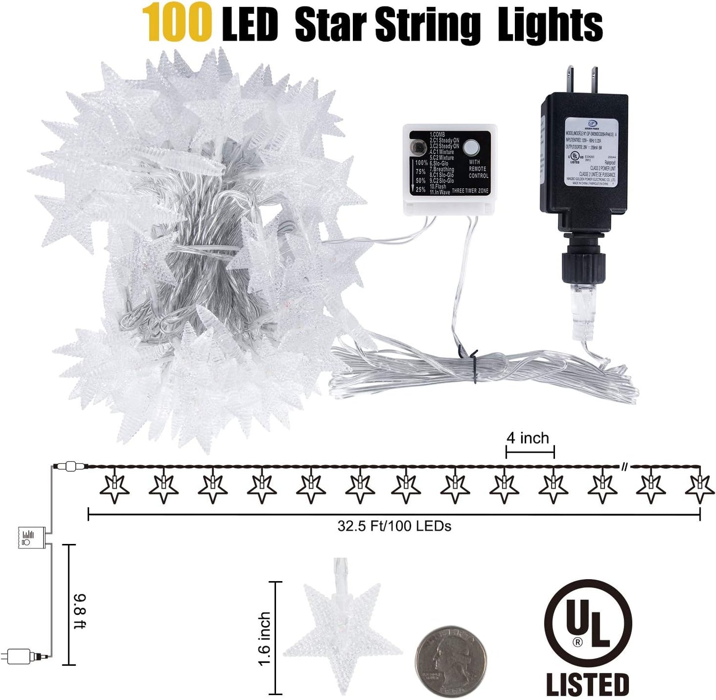 Star String Lights Plug in - 33 ft 100 LED Star Fairy String Lights with Remote and Timer, Waterproof for Bedroom Porch Wedding Party Patio Garden Tent Indoor Outdoor Décor, Warm White