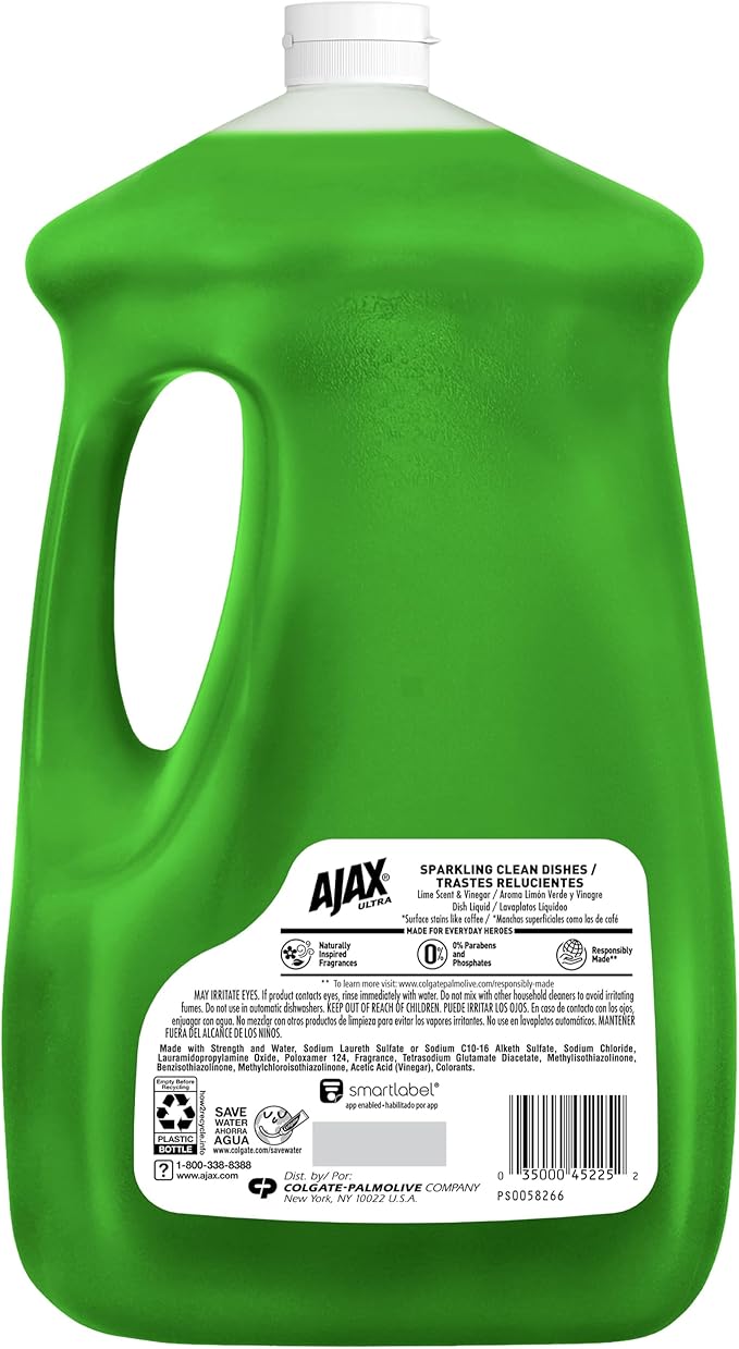 Ajax Ultra Liquid Dish Soap Vinegar and Lime Scent, Sparkling Clean Dishes, 90 fl oz Bottle