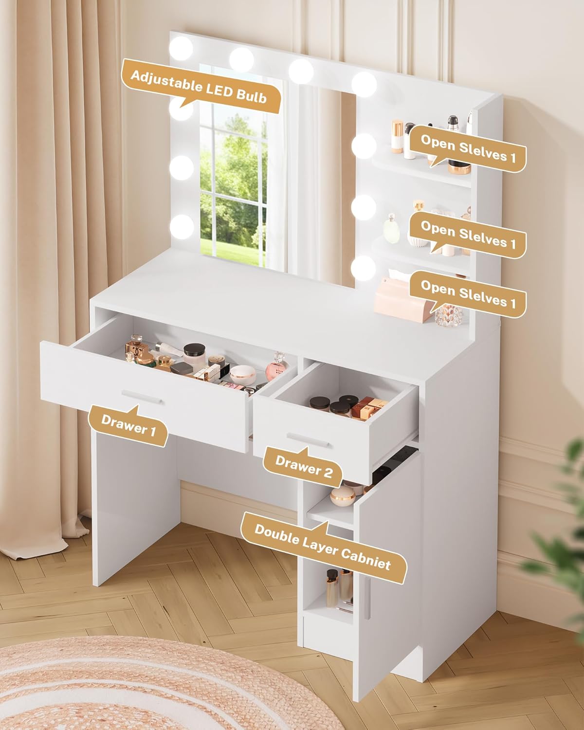 Lighted Makeup Vanity Desk, 35.4“W x 15.7'”D x 54“H, White (with Lights and Mirror, Dimming Function, 2 Drawers and 1 Cabiniet, Open Shelves) by Boahaus