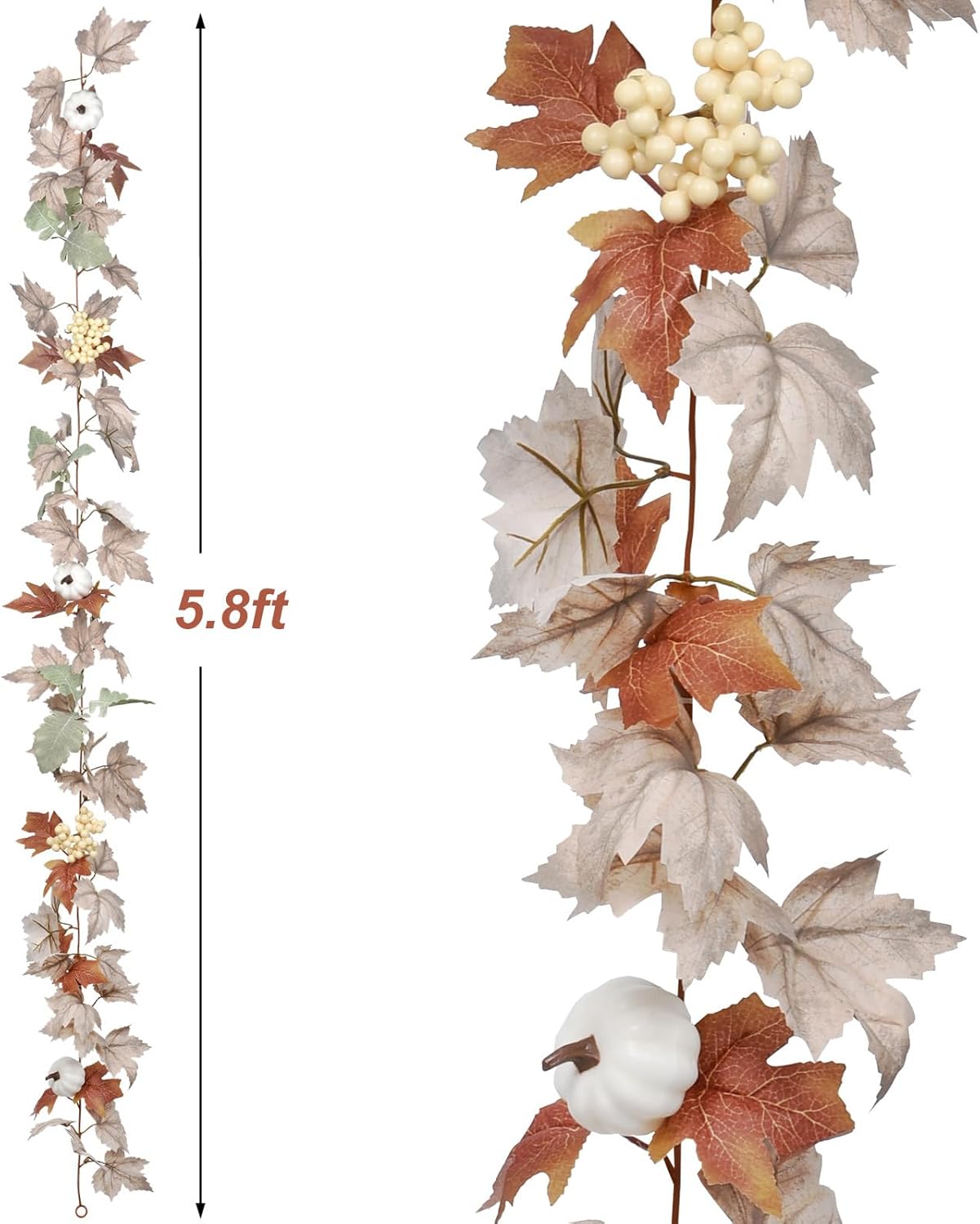 Fall Maple Leaf Garland, Hanging Vine Artificial Autumn Foliage Decoration for Thanksgiving, Home, Wedding, Fireplace, Party, Christmas (White)