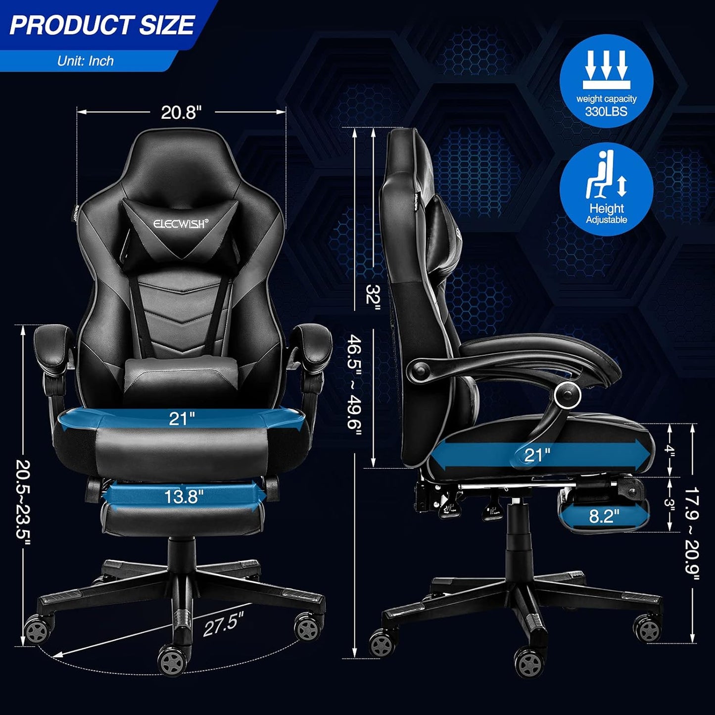 ELECWISH Gaming Chair, Backrest and Seat Height Adjustable Swivel Recliner Racing Office Computer Ergonomic Video Game Chair with Footrest and Lumbar Support, Gray