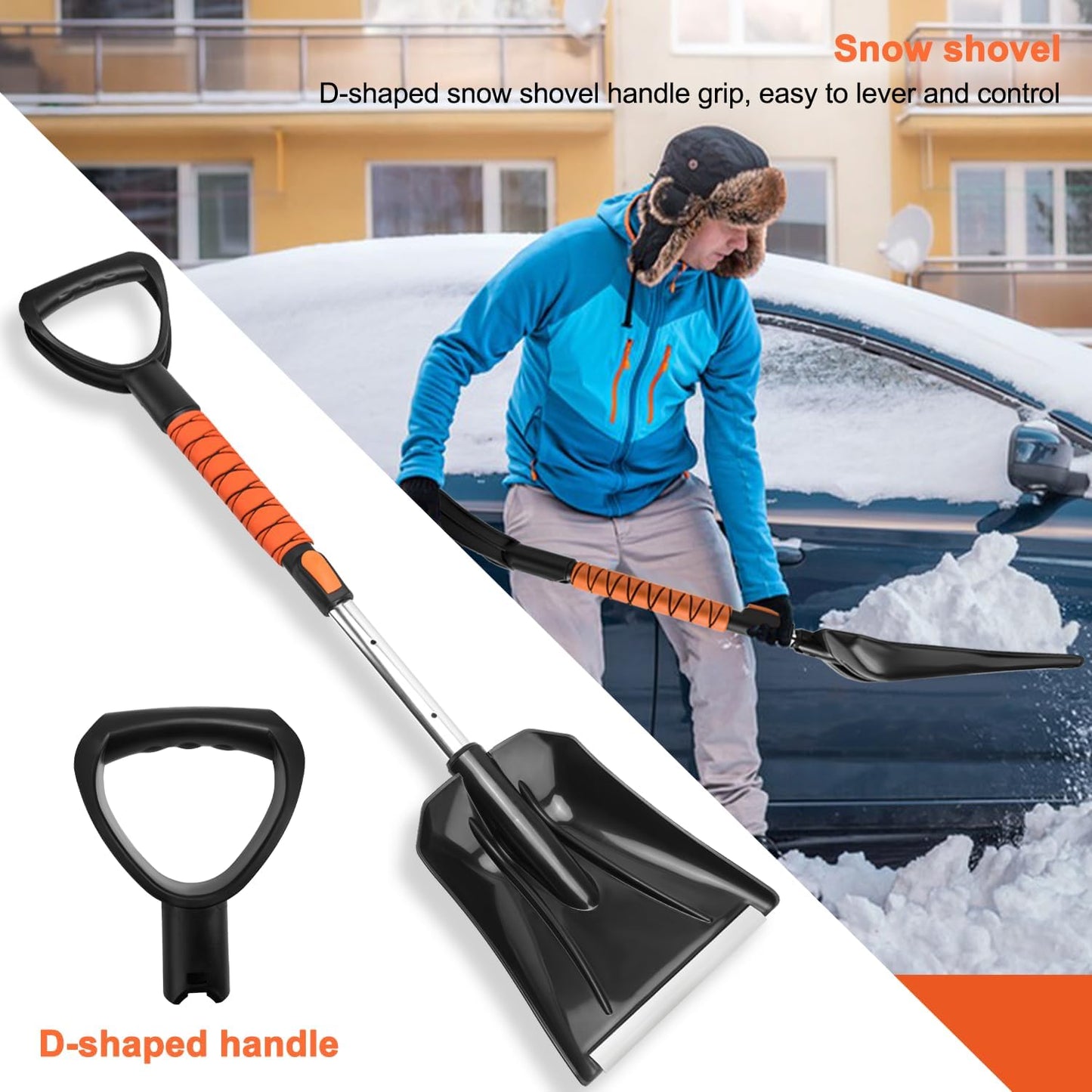 Car Snow Brush Snow Shovel Kit, 42'' Extendable Ice Scrapers and Snow Brushes for Car Windshield with Foam Grip 180° Pivoting Brush Head Snow Scraper, 39'' Extendable Emergency Snow Shovel for Car