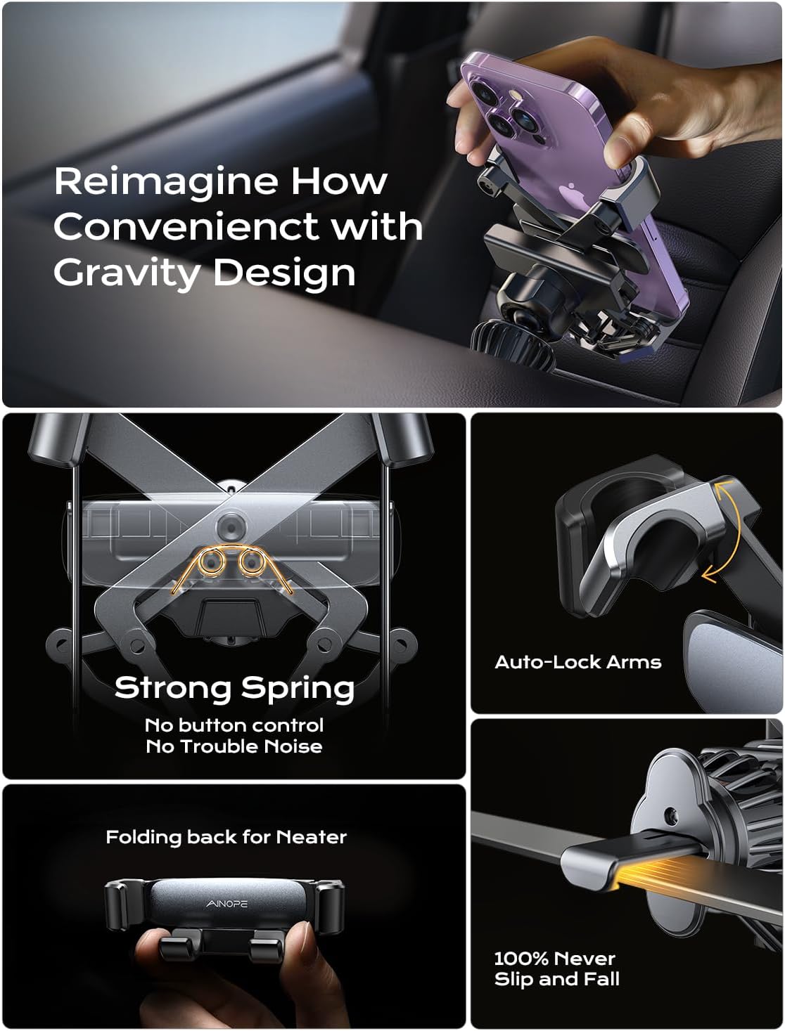 AINOPE for iPhone 17 Pro Max Car Mount Phone Holders for Your Car Slide Design Air Vent Phone Mount [Top Clamp] Cell Phone Holder Car Interior Accessories for iPhone Air 17 Pro Max 16 Samsung S25