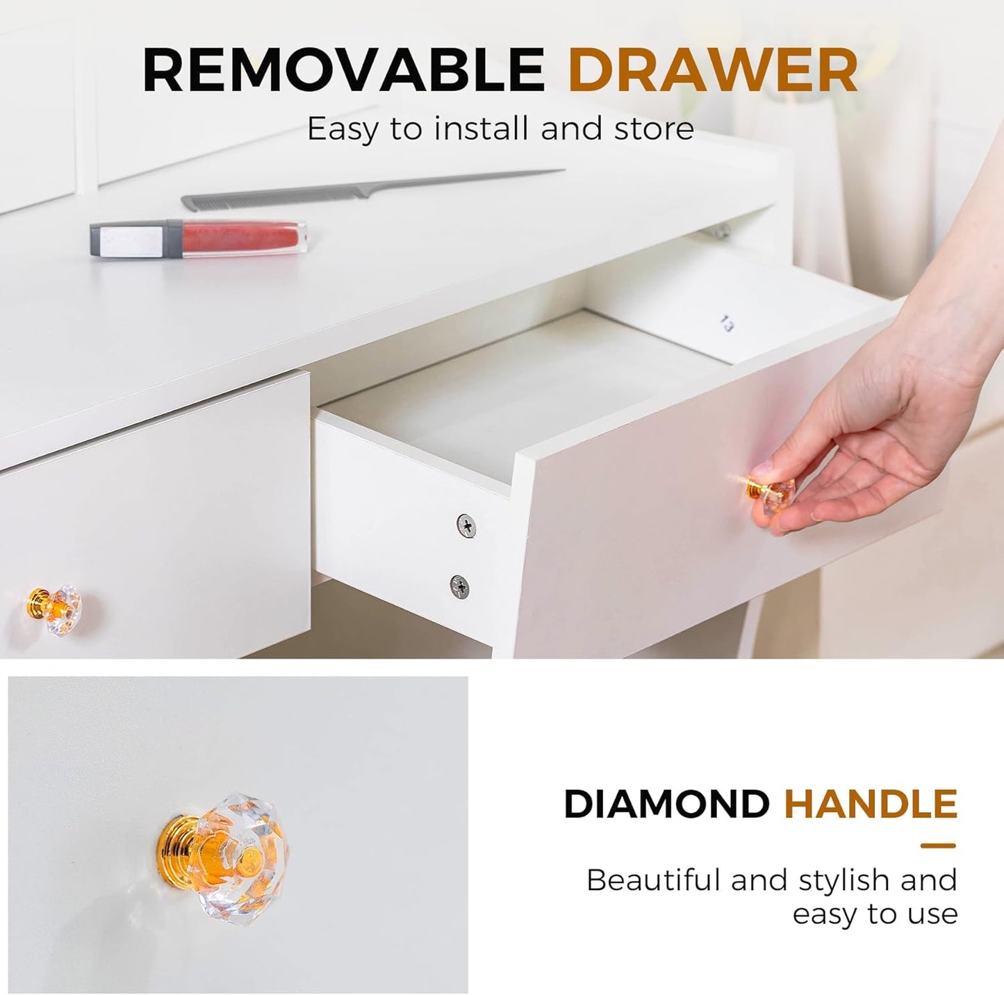 COMHOMA Makeup Vanity Desk with Mirror and Lights, Vanity Table and Chair Set with 5 Drawers and Charging Station, Bedroom Dresser LED Mirror Stepless Dimmable & 3 Color Modes Adjustable, White