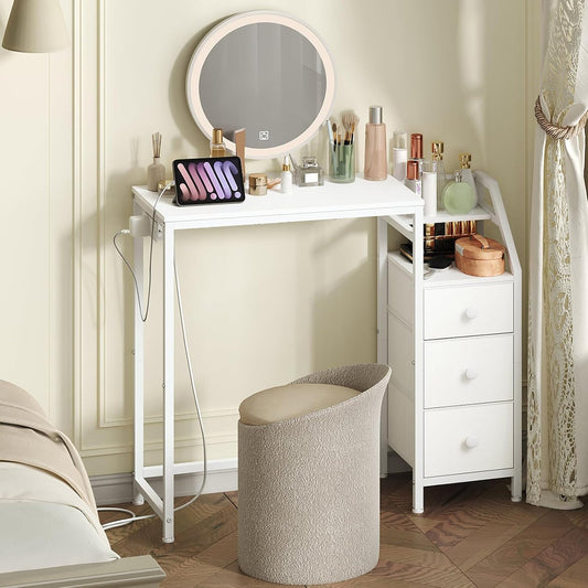 Small Vanity Desk Without Mirror, Makeup Vanity Table with Power Outlet, White Vanity with Fabric Drawers, Dressing Table, for Small Spaces, Bedroom, White