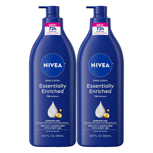 NIVEA Essentially Enriched Body Lotion for Very Dry Skin with Hyaluronic Acid, Almond Oil and Deep Nourishing Serum, 72-Hour Body Moisturizer, 16.9 Fl Oz Pump Bottle, Pack of 2
