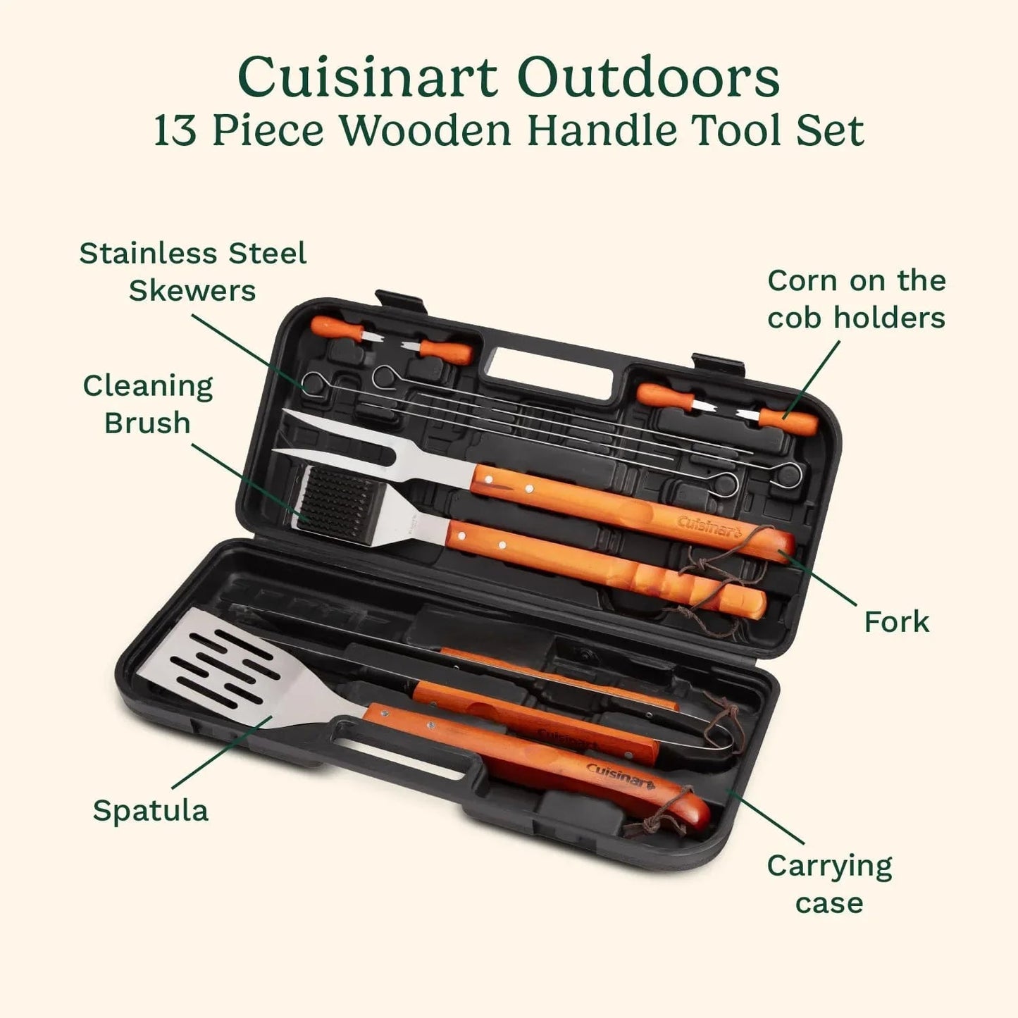 Cuisinart 13-Piece Grill Tool Set, Stainless-Steel BBQ Utensils & Accessories - Cart Shape