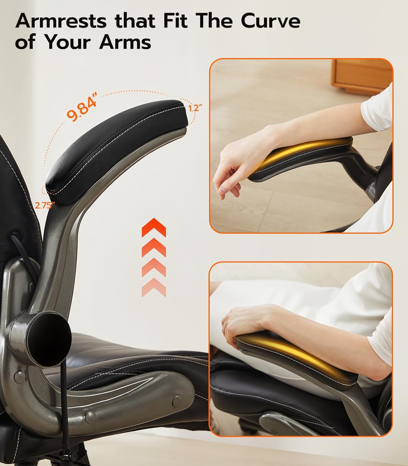 Office Desk Chair, Ergonomic Computer Chair with Padded Flip-Up Arms and Adjustable Lumbar Support, PU Leather Executive Chair with Tilt Lock and 360° Swivel Rolling Wheels for Work, Study