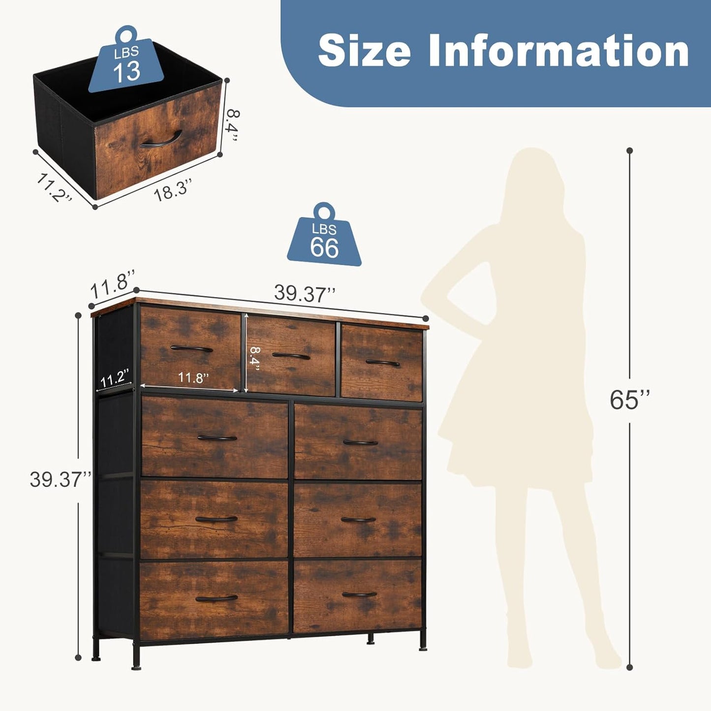 DUMOS Dresser for Bedroom, Storage Organizer with 9 Drawers, Chest of Drawers with Fabric Bins, Sturdy Metal Frame, Wood Tabletop for Guest Room, Closet, Entryway, Brown