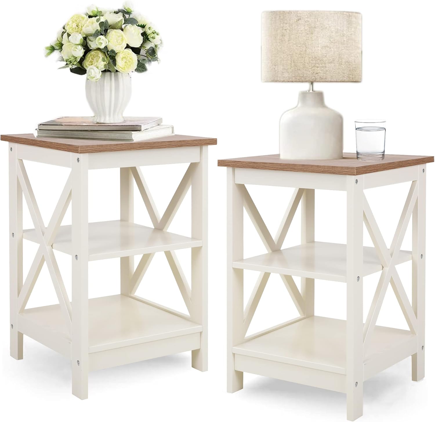 PHI VILLA End Table Living Room Set of 2, Farmhouse Bed Side Table Nightstands for Bedroom, Ivory White Small Side Table