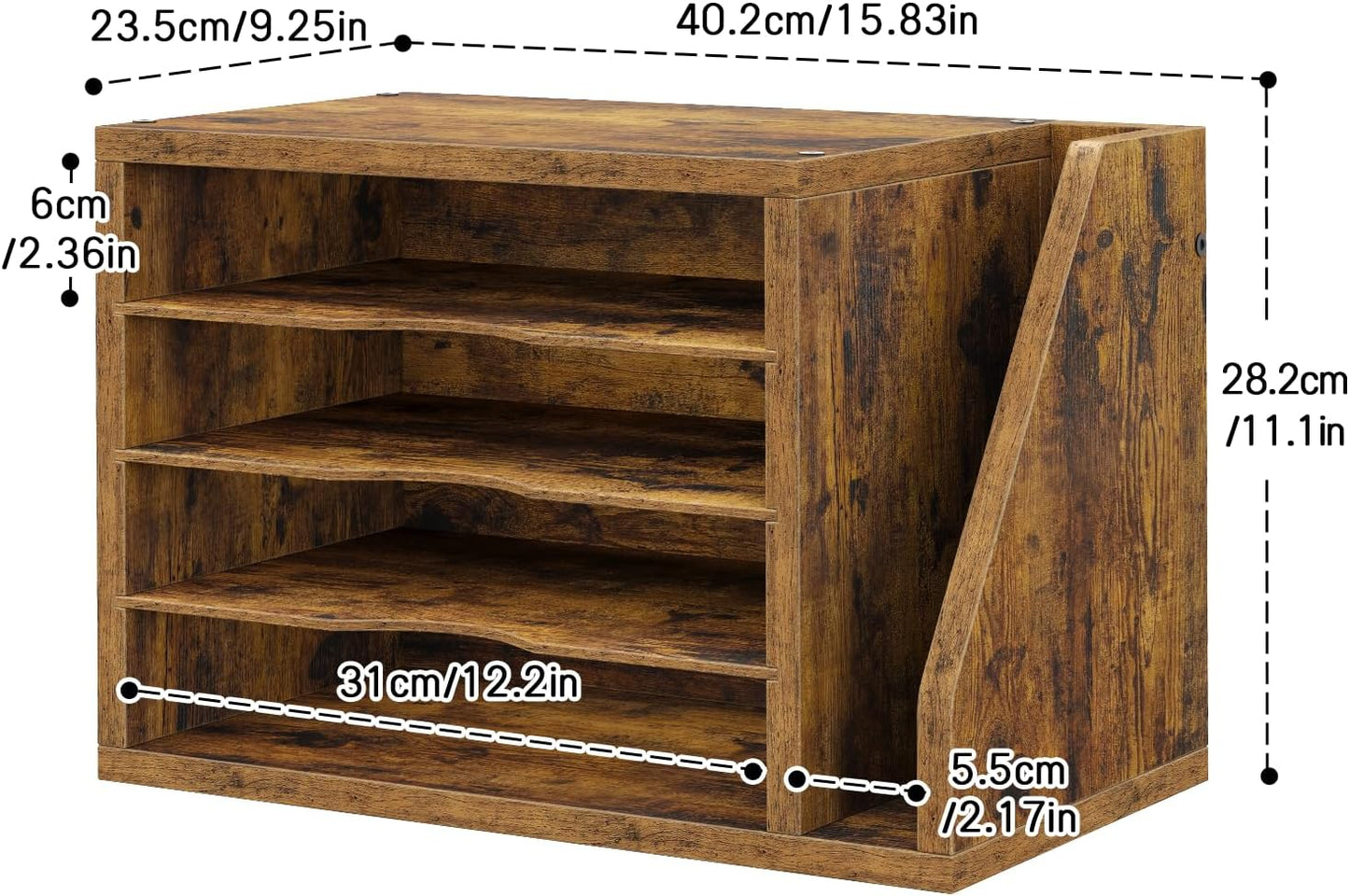 File Organizer Desktop, Wood Desk Organizer with 3 Adjustable Shelves, Mail Paper Sorter for Office, Home, File Holders for Envelopes, Mail Supplies or Magazines, Rustic Brown