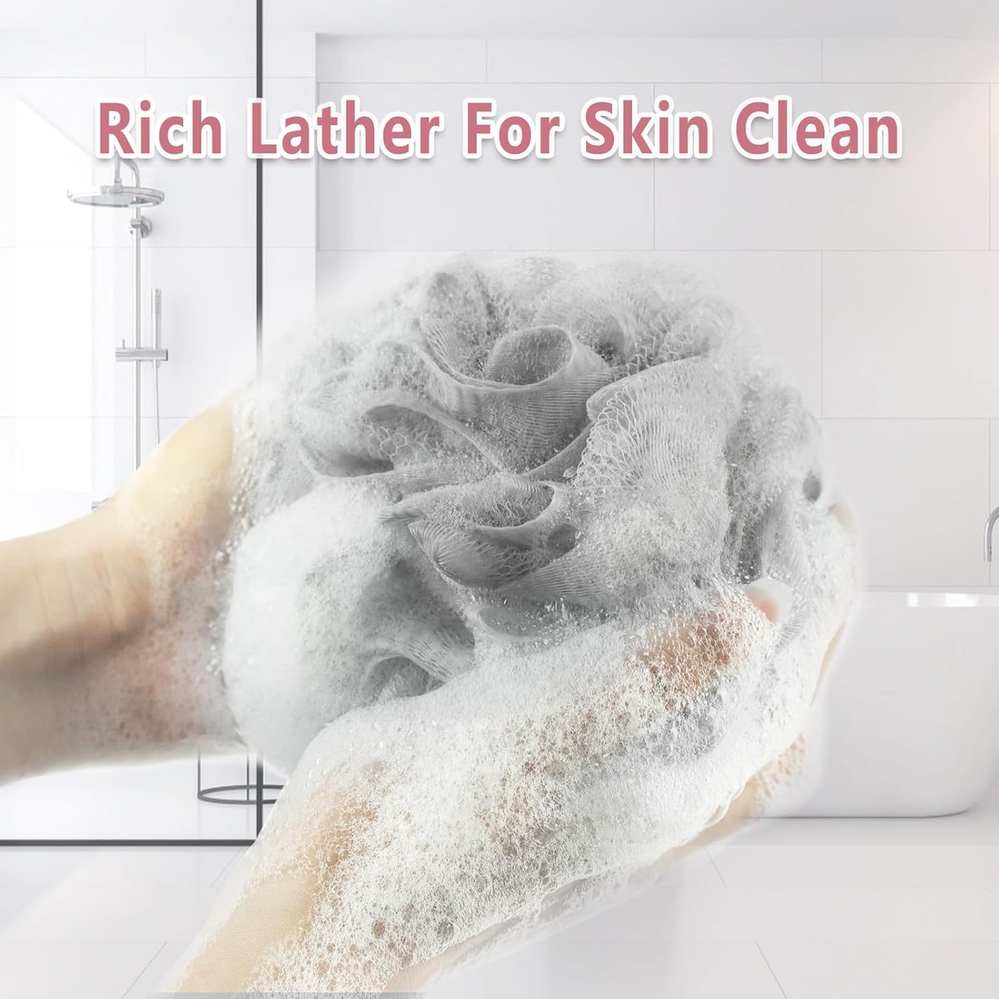 Shower Loofah Bath Sponge, 60G Loofah Exfoliating Body Scrubber, 4 Color Mesh Shower Pouf Balls for Body Wash (Ice Cream)