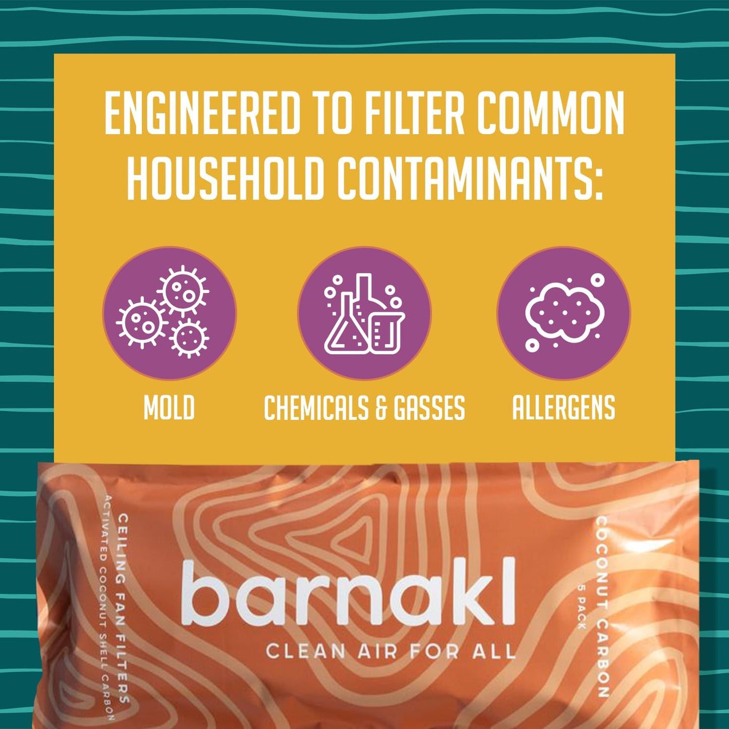 Ceiling Fan Filters | Activated Coconut Shell Carbon Ceiling Fan Blade Filters for Common Household Contaminants | Easy-Stick Universal Fit, Unscented (5-Count)