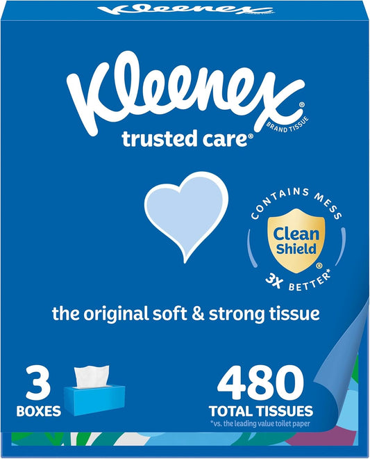 Kleenex Trusted Care Facial Tissues, 3 Flat Boxes, 160 Tissues per Box, 2-Ply (480 Total), Packaging May Vary