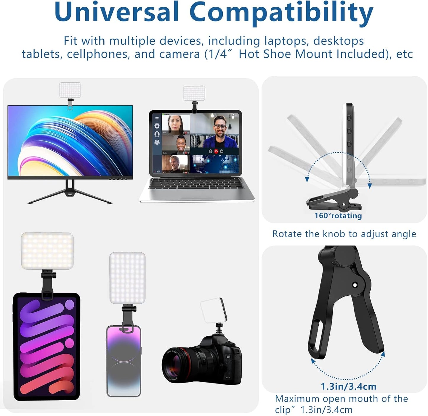 ALTSON 60 LED Portable Selfie Light Video Conference Lighting with Clip & Camera Tripod Adapter Rechargeable 2200mAh CRI 97+, 3 Light Modes for Phone iPhone Webcam Laptop Photo Makeup